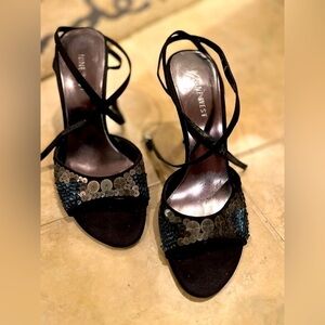 Nine West black sequin ankle strap sandals Sz 7 1/2